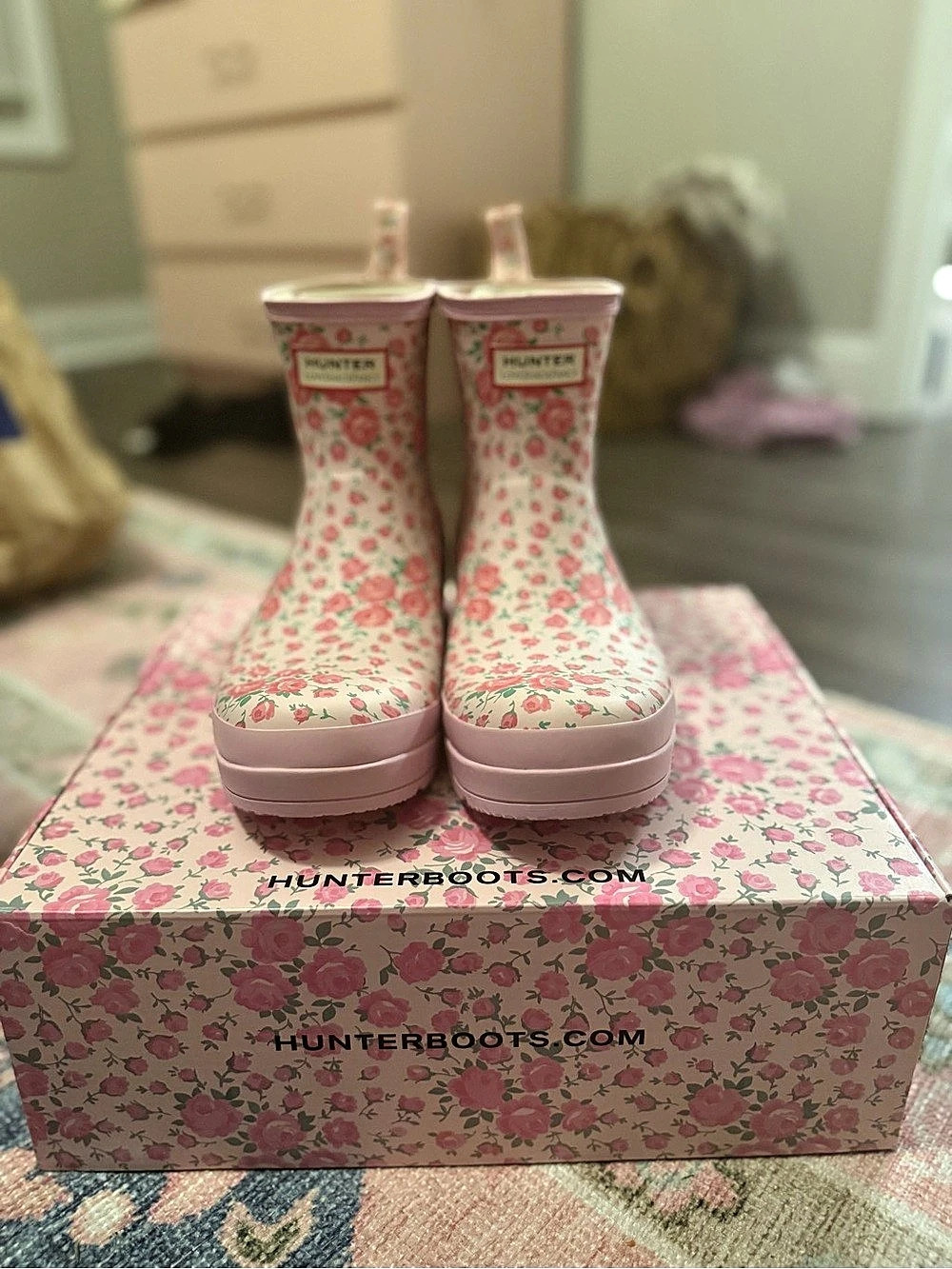 Hunter x LoveShackFancy Play Short Rain Boots Floral Pink & Green